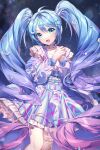  1girl blue_eyes blue_hair bow collar crescent crescent_hair_ornament crescent_moon detached_sleeves digital_stars fishnet_thighhighs fishnets gradient_hair hair_ornament hairclip hatsune_miku heart heart_hair_ornament highres hyuding_(hhgy0925) long_hair moon multicolored_hair puffy_sleeves purple_hair reflective_clothes short_sleeves single_thighhigh solo star_(symbol) star_hair_ornament starry_background thighhighs very_long_hair vocaloid 