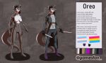  anthro black_clothing breasts brown_body brown_fur brown_hair brown_tail character_name claws clothing english_text female fur gamesfan grey_clothing hair holding_melee_weapon holding_object holding_sword holding_weapon lutrine mammal markings melee_weapon model_sheet mustelid purple_clothing purple_eyes signature solo sword text trans_(lore) weapon white_body white_fur 