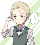  1boy arm_up black_bow blonde_hair blue_eyes blush bow green_jacket jacket looking_down male_focus ricky_(shadows_house) shadows_house shirt short_hair solo speech_bubble upper_body white_shirt yomo_(yomooo1313) 