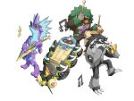  absurdres carrying cofagrigus dancing_pallbearers_(meme) drum drumsticks falinks guitar hat highres instrument meme musical_note no_humans obstagoon pokemon pokemon_(creature) rillaboom sunglasses top_hat toxtricity triangular_eyewear trumpet white_background zhen_xionggui 