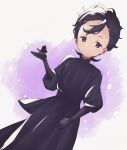  1girl 1other black_dress black_hair dress gloves holding long_dress puffy_sleeves purple_eyes ram_(shadows_house) shadow_(shadows_house) shadows_house shirley_(shadows_house) short_hair spoilers standing yomo_(yomooo1313) 