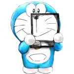  1:1 2019 absurd_res anthro bell blue_body blue_fur collar domestic_cat doraemon doraemon_(character) felid feline felis front_view fur hi_res holding_object looking_at_viewer machine male mammal mouth_closed mt_tg pouch_(anatomy) robot shaded simple_background solo standing whiskers white_background white_body white_fur 