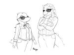  anthro babs_(gvh) clothed clothing dinosaur duo erin_(snoot_game) eyewear facial_horn female goodbye_volcano_high hair hi_res horn jacket long_hair long_snout monochrome orange_bongo reptile scalie simple_background size_difference sketch snoot_game_(fan_game) snout spikes spikes_(anatomy) sunglasses topwear video_games white_background 