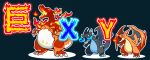  absurdres black_background blue_eyes blue_fire charizard claws commentary_request fire fire_blast_(pokemon) fukidashi_cotton gigantamax gigantamax_charizard highres kanji mega_charizard_x mega_charizard_y mega_pokemon no_humans outline pokemon pokemon_(creature) red_eyes tail translated wings 
