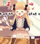  1girl apron bangs basket blonde_hair blue_bow blue_dress blunt_bangs blush bow bread closed_eyes dress emilico_(shadows_house) food hair_bow highres holding kohori long_hair musical_note open_mouth shadows_house smile solo two_side_up white_apron 