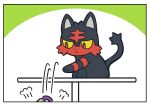  :&lt; absurdres border cat colored_sclera fukidashi_cotton highres litten motion_lines no_humans pokemon pokemon_(creature) pushing red_eyes sinistea table tail white_border yellow_sclera 