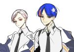  2boys anno88888 black_necktie blue_eyes blue_hair closed_mouth genderswap genderswap_(ftm) highres jacket kantai_collection male_focus massachusetts_(kancolle) multicolored_hair multiple_boys necktie off_shoulder open_clothes open_jacket red_eyes red_hair shirt simple_background sketch smile south_dakota_(kancolle) star_(symbol) streaked_hair upper_body white_background white_hair white_shirt 