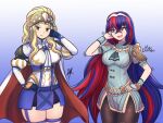  alear_(fire_emblem) alear_(fire_emblem)_(female) arm_behind_head arm_up armor black_neckerchief blonde_hair blue_eyes blue_gloves blue_hair bow bowtie braid breasts brown_eyes cape choker clair_(fire_emblem) cosplay costume_switch crown_braid fay_(2gou) fire_emblem fire_emblem_echoes:_shadows_of_valentia fire_emblem_engage gloves hand_on_hip heterochromia highres lace-trimmed_choker lace_trim long_hair looking_at_another looking_at_viewer medium_breasts multicolored_hair neckerchief pantyhose pelvic_curtain ponytail raydango red_cape red_eyes red_hair skirt thick_thighs thigh_strap thighhighs thighs tiara two-tone_hair v-shaped_eyebrows very_long_hair watermark white_bow white_bowtie white_cape wrist_guards 