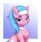  2022 absurd_res aloe_(mlp) aquaticvibes blue_eyes blue_hair chest_tuft collar digital_media_(artwork) earth_pony equid equine eyebrows eyelashes female feral friendship_is_magic front_view fur hair hasbro hi_res horse lidded_eyes looking_at_viewer mammal my_little_pony pink_body pink_fur pony quadruped sitting smile smiling_at_viewer solo tuft 