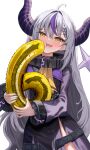  1girl :d absurdres ahoge ascot bangs blush cheek_press collar demon_horns dress dubeaduver fang grey_hair highres holding hololive horns la+_darknesss long_hair long_sleeves looking_at_viewer metal_collar multicolored_hair pointy_ears purple_dress purple_hair simple_background skin_fang smile solo standing streaked_hair very_long_hair virtual_youtuber white_background yellow_ascot 