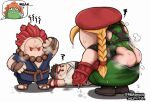  1girl 3boys akuma_(street_fighter) ass beret blanka blanka-chan chun-li fall_guys from_behind hat hershuar highleg highleg_leotard leotard mascot_costume multiple_boys ryu_(street_fighter) street_fighter sweat unzipped 