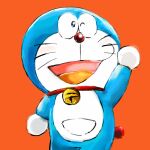  1:1 2019 anthro bell blue_body blue_fur collar domestic_cat doraemon doraemon_(character) felid feline felis front_view fur machine male mammal mt_tg one_eye_closed open_mouth orange_background pouch_(anatomy) raised_arm red_collar red_nose robot shaded simple_background solo standing tongue whiskers white_body white_fur 