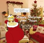  &copy; 2012 anthro belly big_belly big_breasts blonde_hair breasts butt christmas christmas_clothing clothed clothing dress english_text female green_eyes hair hat headgear headwear holidays huge_breasts hyper hyper_belly hyper_pregnancy mammal mistletoe mouse murid murine open_mouth plant pregnant rodent satsumalord solo speech_bubble symbol tanya_(satsumalord) text 
