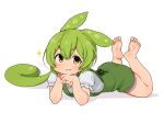  1girl :3 barefoot feet green_hair green_suspenders hair_between_eyes imai_264 looking_at_viewer lying on_stomach own_hands_together ponytail puffy_short_sleeves puffy_sleeves shirt short_sleeves solo voicevox white_background white_shirt yellow_eyes zundamon 