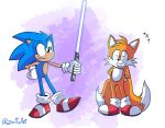  anthro bell blue_body canid canine clothing duo eulipotyphlan footwear fox gloves green_eyes handwear hedgehog hi_res lightsaber male male/male mammal melee_weapon miles_prower purple_body red_clothing red_footwear red_shoes sega shoes simple_background smile sonic_the_hedgehog sonic_the_hedgehog_(series) star_wars weapon yellow_body zettoart 