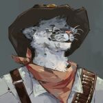  2020 absurd_res anthro bandanna bandolier blue_eyes bust_portrait cheetah clothing cowboy_hat digital_media_(artwork) eljado felid feline fur grey_background grey_body grey_fur hat headgear headwear hi_res kerchief looking_aside male mammal portrait shirt signature simple_background solo straps topwear whiskers 