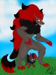  ambiguous_gender anthro biped canid canine claws duo fur generation_5_pokemon hair hi_res mammal naught_haazender nintendo open_mouth pokemon pokemon_(species) quadruped red_hair shaded simple_background size_difference smile tagme video_games white_eyes zoroark zorua 