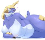 &lt;3 anthro areola biped blue_body blush breasts female generation_5_pokemon glistening glistening_body hi_res looking_at_viewer luxiger lying nintendo nipples on_side open_mouth pokemon pokemon_(species) red_eyes samurott simple_background slightly_chubby solo video_games watermark white_background 
