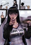  1girl abs artist_name ayaki_d black_hair book english_text finger_to_mouth glasses highres library long_hair middle_finger muscular muscular_female nail_polish name_tag original round_eyewear shirt shushing tight tight_shirt toned 