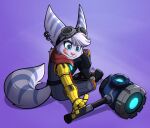  2020 absurd_res anthro auveiss blue_eyes boots clothing cybernetic_arm cybernetic_limb ear_piercing ear_ring eyebrows eyewear eyewear_on_head female footwear goggles goggles_on_head hammer hi_res licking licking_lips lombax mammal piercing ratchet_and_clank ring_piercing rivet_(ratchet_and_clank) scarf sitting solo sony_corporation sony_interactive_entertainment stripes tongue tongue_out tools video_games 