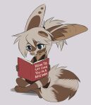  2022 anthro aseethe blue_eyes book canid canine digital_media_(artwork) feet female fennec fingers fox fur hair hi_res holding_book holding_object mammal reading simple_background sitting solo toes 