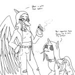  anthro black_sclera bottomwear choker cigarette clothed clothing crossover dinosaur duo english_text equid equine eyewear fang_(gvh) feathered_wings feathers female glasses goodbye_volcano_high hasbro hi_res horn horse jacket jewelry long_snout mammal midriff monochrome my_little_pony navel necklace pants pony ponyquarantine pterodactylus pterosaur reptile scalie sketch smoking snoot_game_(fan_game) snout text topwear torn_bottomwear torn_clothing torn_pants unicorn wings 
