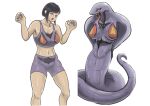  2022 anthro arbok before_and_after black_hair bodily_fluids bottomwear bra breasts clothing fangs female forked_tongue generation_1_pokemon genitals hair human human_to_anthro looking_down mammal navel nintendo nipples nude open_mouth pokemon pokemon_(species) purple_body pussy shorts simple_background solo species_transformation sports_bra surprise tabino tears tongue transformation underwear video_games white_background 