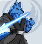  4_fingers akar_deshu belt blue_body blue_fur canid canine fingers fur hi_res jedi jedi_tunic lightsaber mahran male mammal melee_weapon sagemerric solo star_wars weapon yellow_eyes 