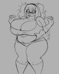  anthro belly_fondling belly_grab big_breasts breasts canid canine canis chubby_female domestic_dog embarrassed female hi_res jwinkz mammal monochrome navel navel_outline slightly_chubby solo surprised_expression thick_thighs zoey_(jwinkz) 