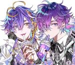  2boys ahoge aster_arcadia bangs blonde_hair bubble_tea cup disposable_cup drink drinking drinking_straw drinking_straw_in_mouth earrings hair_between_eyes hair_ornament hair_over_one_eye hairpin heart heart_earrings heterochromia highres holding holding_cup holding_drink jewelry kuren_0x long_sleeves looking_at_viewer male_focus multicolored_hair multiple_boys multiple_rings nail_polish nijisanji nijisanji_en one_eye_covered plaid purple_eyes purple_hair purple_nails purple_theme ring tongue tongue_out uki_violeta virtual_youtuber yellow_eyes yellow_nails 