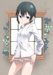  absurdres black_eyes black_hair breasts dressing highres kino_(kino_no_tabi) kino_no_tabi looking_at_viewer no_pants panties plant shirt short_hair small_breasts solo tomboy tomurasuisen underwear white_shirt window 