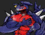  abs black_background blush garchomp generation_4_pokemon groping_chest hand_on_pecs hi_res interspecies lonneva male muscular muscular_male nintendo pecs pokemon pokemon_(species) pokephilia shark_teeth simple_background small_head solo spikes spikes_(anatomy) video_games wings yellow_eyes 