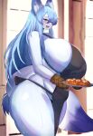  absurd_res anthro apron apron_only big_breasts blue_body blue_fur blush bodily_fluids breasts canid canine clothing female fur hi_res huge_breasts kakuteki11029 lily_mari mammal mostly_nude solo sweat thick_thighs 