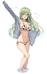  1girl :d absurdres alternate_costume amagi_(amagi626) animal_print arm_up armpits bare_legs barefoot bikini blue_eyes blush breasts cleavage collarbone commentary cow_print curvy frog_hair_ornament front-tie_bikini_top front-tie_top full_body green_hair grey_jacket hair_between_eyes hair_ornament hair_tubes halterneck happy highres jacket kochiya_sanae large_breasts long_hair long_sleeves looking_at_viewer navel open_clothes open_jacket open_mouth outstretched_arm side-tie_bikini_bottom sidelocks simple_background skindentation sleeves_past_wrists smile solo sparkle stomach string_bikini swimsuit thighs touhou translated underboob wading water white_background 