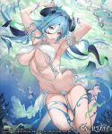  1girl armpits arms_up blue_eyes blue_hair breasts character_request commentary_request evertale highres horns in_water large_breasts long_hair looking_at_viewer navel official_art outdoors parted_lips pointy_ears sage_joh sideboob solo tail thighs underboob water 