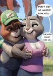  2022 anthro big_breasts bonnie_hopps breasts brown_body brown_fur canon_couple cleavage clothed clothing dialogue disney duo english_text exposed_breasts female fur grey_body grey_fur hi_res husband_and_wife lagomorph leporid male male/female mammal married_couple mature_anthro mature_female mature_male multicolored_body multicolored_fur open_mouth open_smile purple_eyes qupostuv35 rabbit smile stu_hopps text two_tone_body two_tone_fur white_body white_fur zootopia 