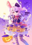  1girl :d absurdres ahoge animal_ears bat_(animal) bat_wings candy cross-laced_clothes flat_chest food frills halloween heart heart_ahoge highres holding holding_microphone jack-o&#039;-lantern lollipop looking_at_viewer maria_marionette microphone moon nijisanji nijisanji_en open_mouth pink_eyes pink_hair pink_ribbon puffy_short_sleeves puffy_sleeves purple_hair rabbit_ears ribbon round_teeth short_sleeves smile solo striped striped_thighhighs teeth thighhighs tong7611 virtual_youtuber wings 