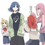  4girls blonde_hair blue_hair bocchi_the_rock! floating_hair gotou_hitori ijichi_nijika jacket kita_ikuyo long_hair multiple_girls open_mouth pink_hair pink_jacket pink_track_suit red_hair ribbon school_uniform shiroshi_(denpa_eshidan) short_hair skirt sparkle taking_picture track_jacket vest yamada_ryou 