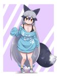  1girl animal_ears aramaru baggy_clothes black_singlet blue_shirt breasts cleavage cosplay extra_ears fox_ears fox_girl fox_tail grey_hair highres huge_breasts kemono_friends kemono_friends_3 looking_at_viewer loose_clothes loose_shirt off_shoulder oversized_clothes oversized_shirt shirt silver_fox_(kemono_friends) sleeves_past_fingers sleeves_past_wrists solo t-shirt tail white_lion_(kemono_friends) white_lion_(kemono_friends)_(cosplay) 