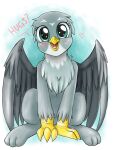  &lt;3 2017 avian beak chest_tuft daww dialogue digital_drawing_(artwork) digital_media_(artwork) evomanaphy feathers female feral friendship_is_magic fur gabby_(mlp) grey_body grey_feathers grey_fur gryphon hasbro hi_res hugs? mammal my_little_pony mythological_avian mythology open_beak open_mouth open_smile smile solo talking_to_viewer talons teal_eyes tuft wings 