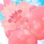  1:1 absurd_res blush breasts female genitals hi_res humanoid low-angle_view nintendo nipples plump_labia pokemon pokemon_(species) pokemorph pussy solo steam thick_thighs tinkaton video_games worm&#039;s-eye_view 