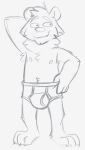  anthro barefoot briefs briefs_only bulge claws clothed clothing feet goronic hand_behind_back holding_clothing holding_object holding_underwear male monochrome simple_background solo tooth_showing topless underwear underwear_only white_background 