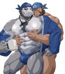  abs anthro archie_(pok&eacute;mon) bandanna bathrobe beard beverage big_muscles big_pecs black_hair body_hair bulge chest_hair clothed clothing coffee coffee_mug demon dragon duo embrace eye_contact facial_hair fangs grey_body grin hair hi_res hug hugging_from_behind human human_on_anthro interspecies jewelry kerchief looking_at_another maldu male male/male mammal muscular muscular_anthro muscular_human muscular_male necklace nintendo nipples open_clothing open_shirt open_topwear pecs pokemon robe shirt smile team_aqua teeth topwear underwear video_games 