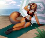  absurd_res anthro barefoot beach beach_towel beach_umbrella bikini biped breasts brown_hair canid canine claws cleavage clothed clothing cloud digital_media_(artwork) feet female fur hair hi_res hindpaw mammal navel onomari orange_body orange_fur outside paws plant red_bikini sand sea seaside shaded sky solo swimwear toe_claws towel water white_body white_fur 