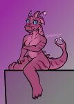  antennae_(anatomy) anthro aquatic_dragon arm_over_breasts bioluminescence blue_eyes blush breast_squish breasts dragon edie_(rahisauce) fin glowing gynomorph head_fin hi_res intersex looking_aside looking_away marine mouth_closed one_leg_aside pink_body pink_scales pink_skin rahisauce scales scalie shy sitting soft_belly solo squish thick_tail timid 