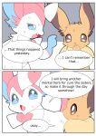  ambiguous_gender colored dialogue duo eevee eeveelution female_(lore) feral generation_1_pokemon generation_6_pokemon hi_res male_(lore) nintendo okazu pokemon pokemon_(species) scolding simple_background speech_bubble sylveon two_panel_image video_games white_background 
