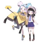  2girls bangs black_hair bow-shaped_hair cellphone character_hair_ornament collared_shirt hair_ornament hat iono_(pokemon) jacket long_hair low-tied_long_hair multicolored_hair multiple_girls naranja_academy_uniform necktie open_mouth oversized_clothes phone pink_hair pokemon pokemon_(game) pokemon_sv purple_necktie purple_shorts selfie selfie_stick sharp_teeth shindou_kamichi shirt shorts single_leg_pantyhose sleeveless sleeveless_shirt sleeves_past_fingers sleeves_past_wrists smartphone smile teeth two-tone_hair yellow_jacket 