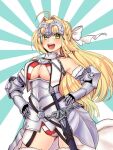  1girl :d ahoge armor bikini blonde_hair bow braid chain commentary_request contrapposto cosplay fate/grand_order fate_(series) faulds garter_straps gauntlets hair_bow hair_intakes hands_on_hips headpiece highres jeanne_d&#039;arc_(fate) jeanne_d&#039;arc_(third_ascension)_(fate) looking_at_viewer natsushiro nero_claudius_(fate) nero_claudius_(swimsuit_caster)_(fate) open_mouth sheath sheathed smile striped striped_bikini sunburst sunburst_background swimsuit white_bow 