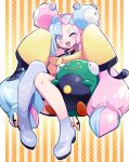  1girl bellibolt bow-shaped_hair character_hair_ornament grey_pantyhose hair_ornament hexagon_print highres iono_(pokemon) jacket long_hair low-tied_long_hair multicolored_hair oversized_clothes pantyhose pokemon pokemon_(game) pokemon_sv sharp_teeth single_leg_pantyhose sleeves_past_fingers sleeves_past_wrists split-color_hair teeth usoco very_long_sleeves x yellow_jacket 