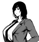  1girl black_hair black_jacket black_necktie breasts chainsaw_man collared_shirt eyepatch formal fujou_joshi greyscale himeno_(chainsaw_man) jacket large_breasts looking_at_viewer medium_hair monochrome necktie open_mouth shirt simple_background solo suit white_background white_shirt 
